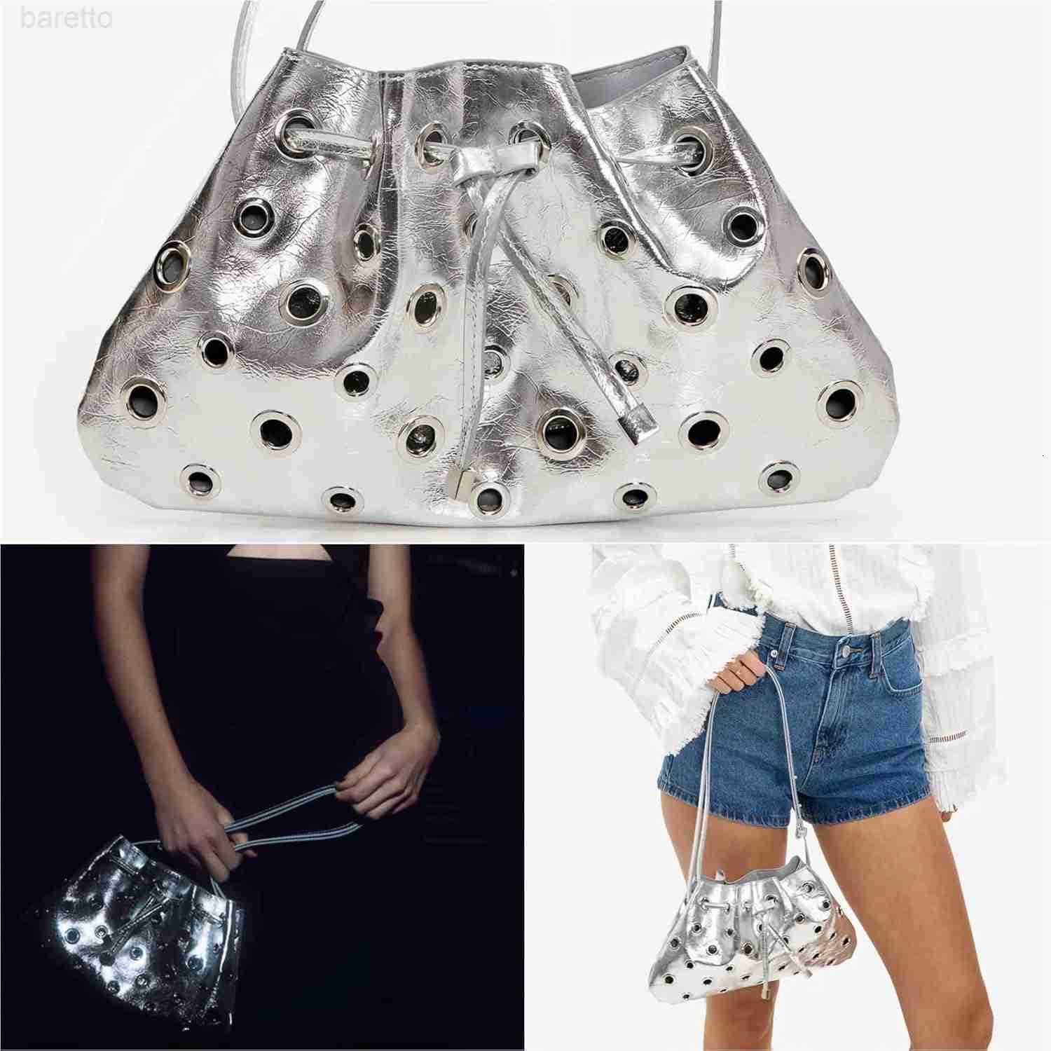 silver y2k purse for women cool sparkly bucket purse cute aesthetic fashion bag small silver clutch bag Z251017
