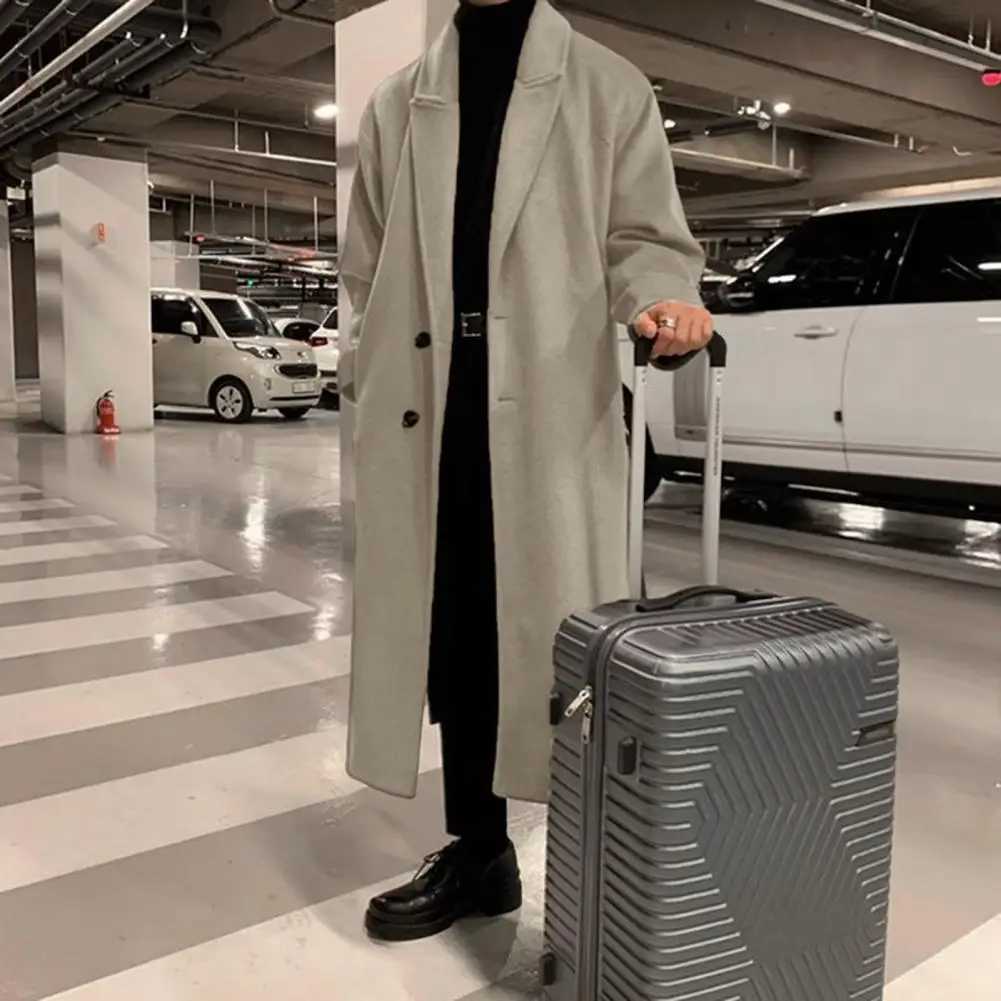 Men Long Woolen Coat Lapel Long Sleeve Solid Color Windbreaker Pockets TwoButton Placket Solid Color Midlength Trench Outwear J251017