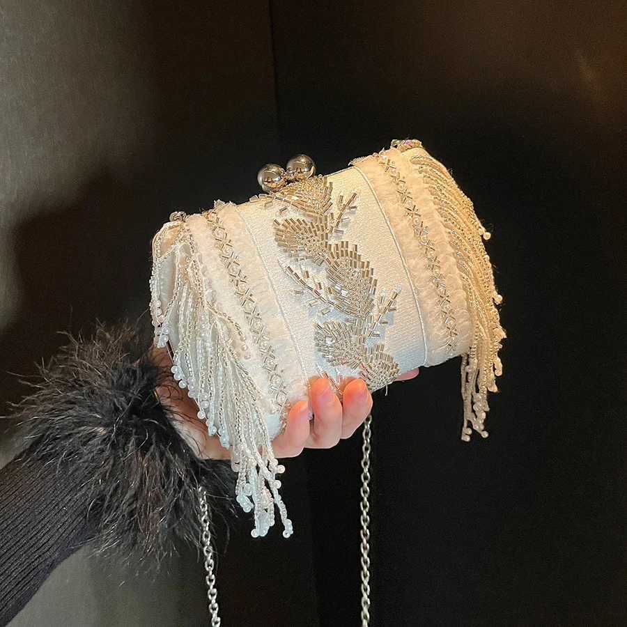 Vintage Handmade Beaded Evening Bags Crystal White Lace Flower Fringed Tote Bag Chains Shoulder Crossbody Bag Small Square Bag Z251017