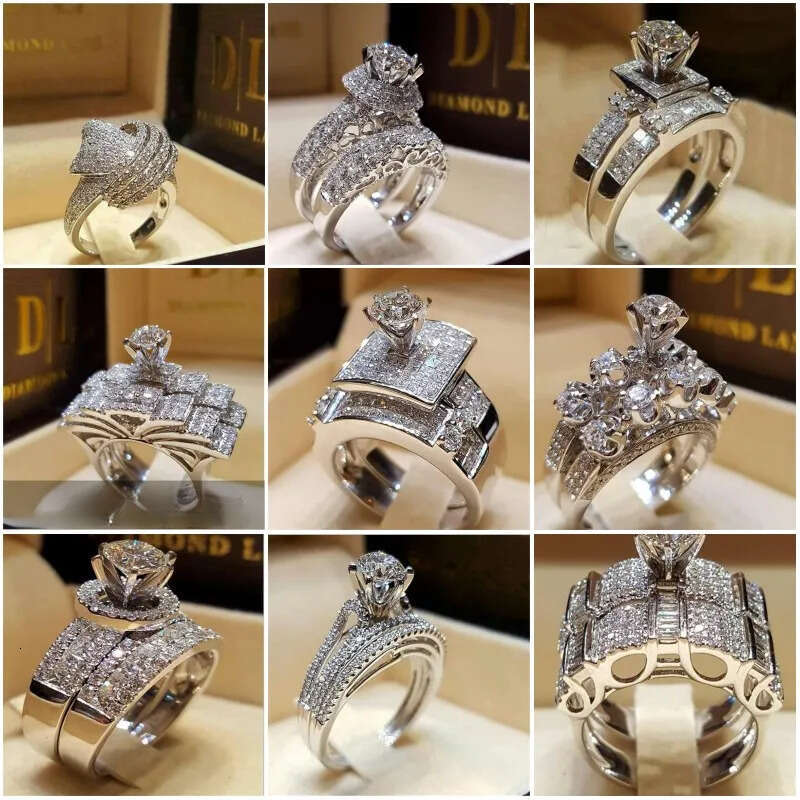 Top Selling Classical Fashion Jewelry Brand New Sterling Sier Couple Rings Round White Topaz CZ Dia Gemstones Bridal Ring Set Gift