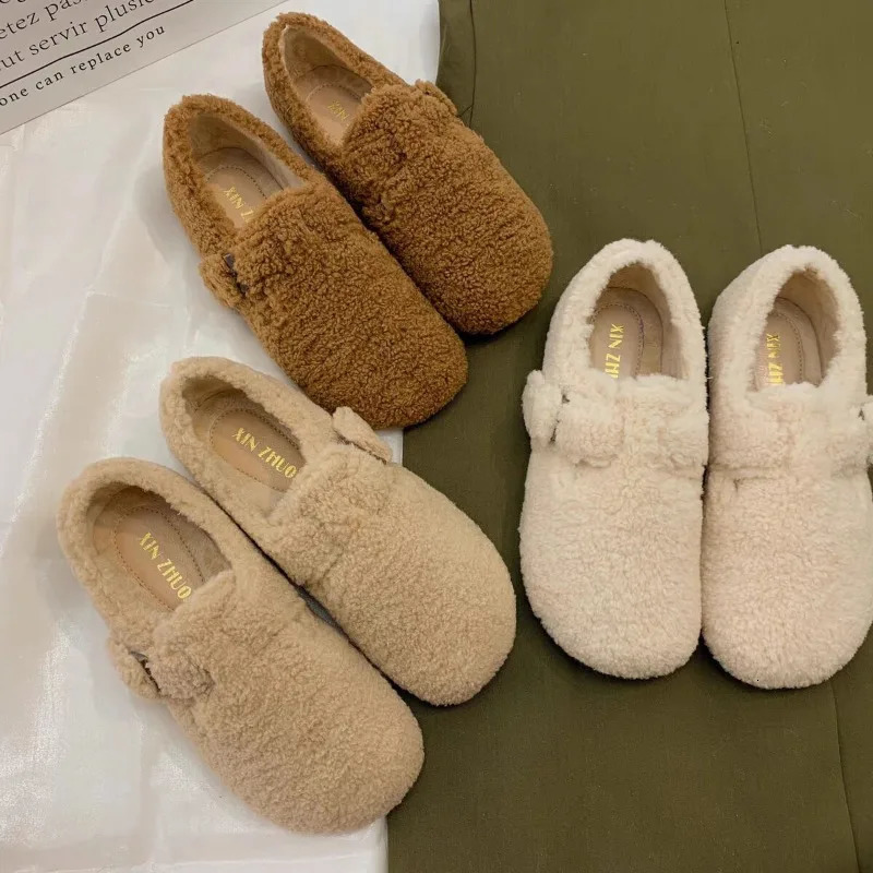 Style Fashion Womens Round Toe Wool Ballet Flats Ladies Fur Mary Jane Shoes Woman Winter Warm Plush Loafers 251013