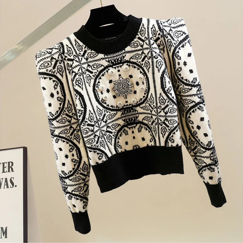 Geometric Knitted Soft Diamonds Beading Vintage ONeck Womens Sweater Korean Fashion Jumpers Female Short Pullovers Chic Tops 251013