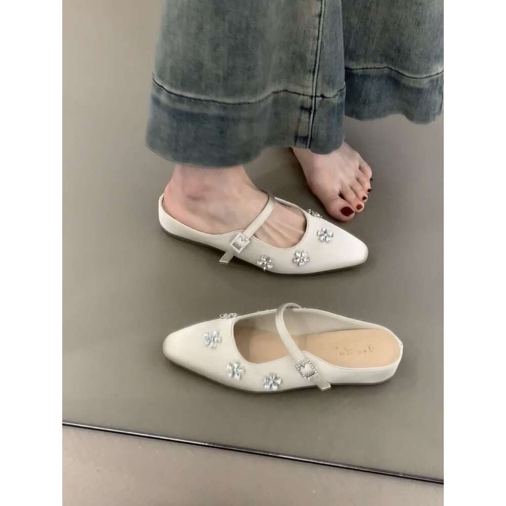 Women's Designer Shoe French Style - Flat Mary Jane Half Sandals Slippers with Rhinestone Bowknot Gentle Evening Single Shoes