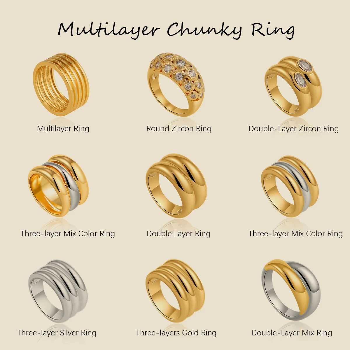 Charm Luxury CZ Zircon Mix Color Multilayer Chunky Rings for Women 18K Gold Plated Stainless Steel Jewelry Party Gifts Wholesale Z251017