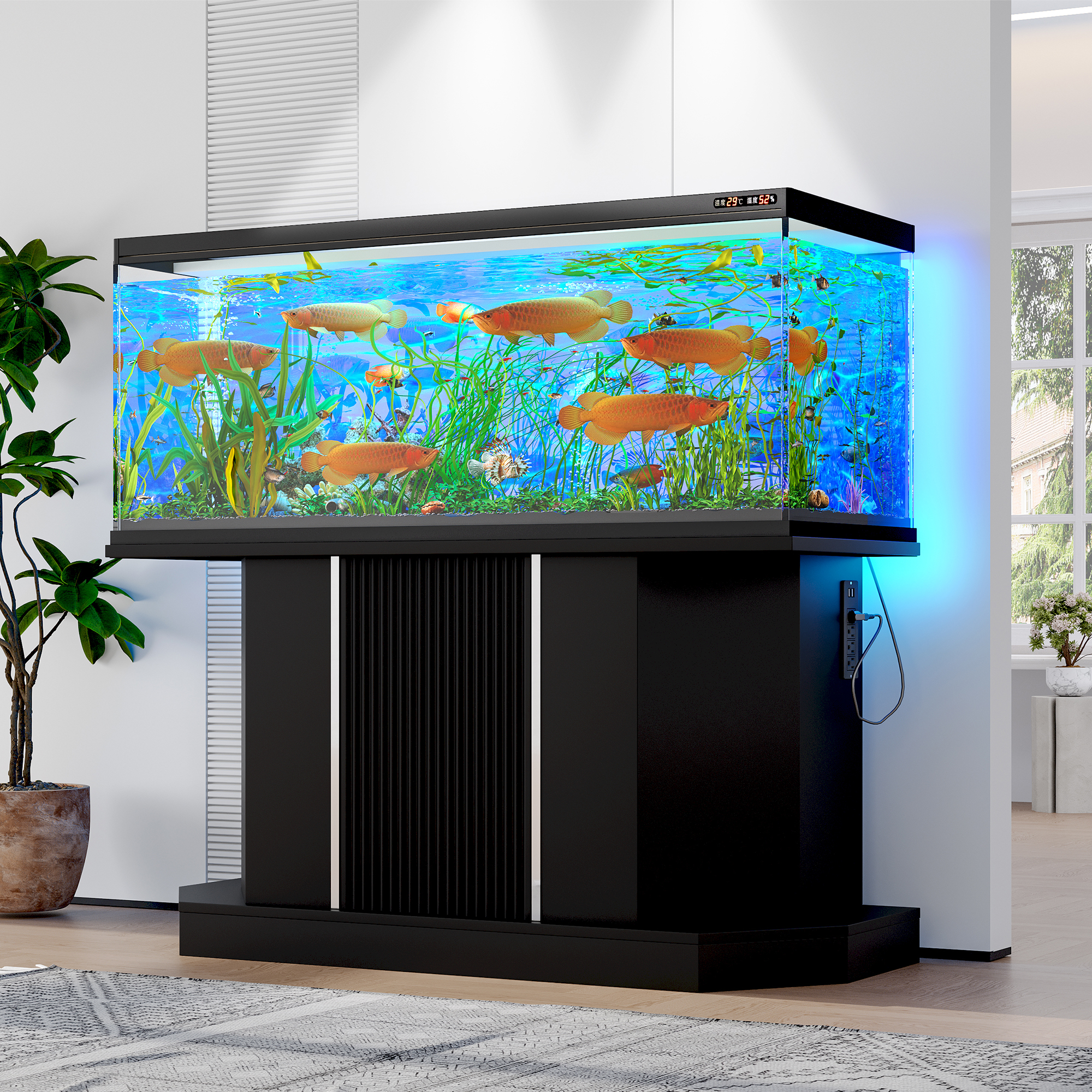 Modern 55-75 Gallon Fish Tank Stand with Power Outlet (4 AC 2 USB Ports) Heavy Duty Aquarium Stand with Cabinet Storage for Turtle Tank Reptile Terrar