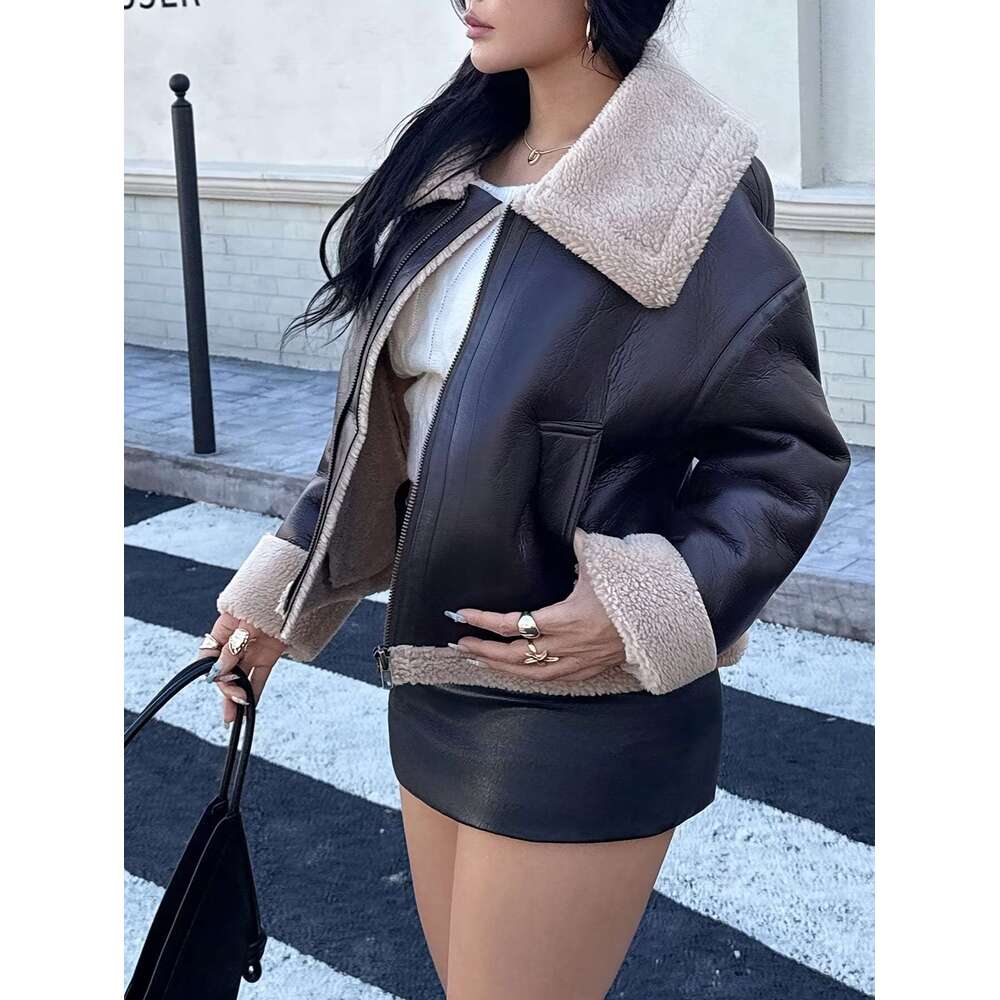 Shein Men's Jackets INDEFEIR Winter New Women's Short Warm Reversible Biker Jacket Brown Breathable Leather Sheepskin Large Lapel Coat
