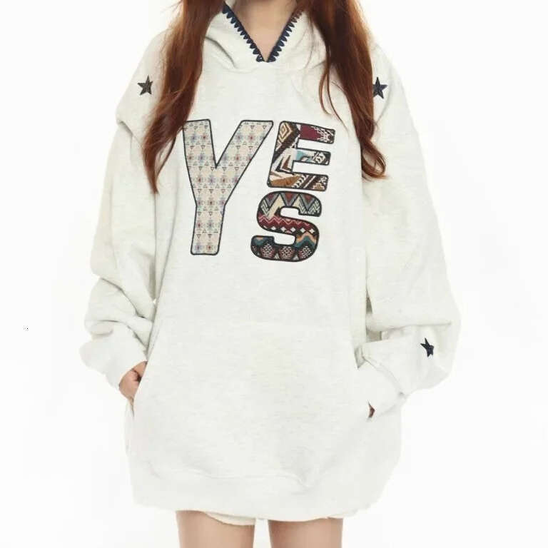 Lightweight American Trendy Brand Patchwork Embroidered Letter Hoodie Loose Lazy Style Women's Sweatshirt Spring Autumn