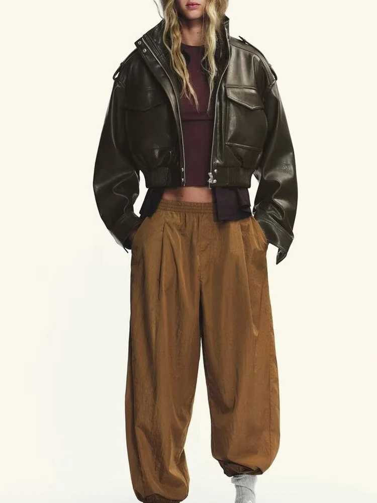 European and American style autumn new fashion womens clothing versatile imitation leather stand collar long sleeve short jackeT251017