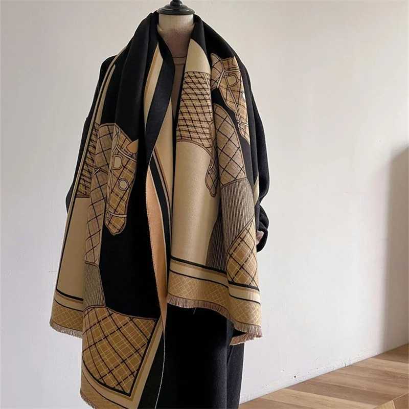 Fashion Horse Print Winter Poncho Shawl Animal Cashmere Scarf Women Wraps Thick Warm Female Blanket Foulard Stole C251017