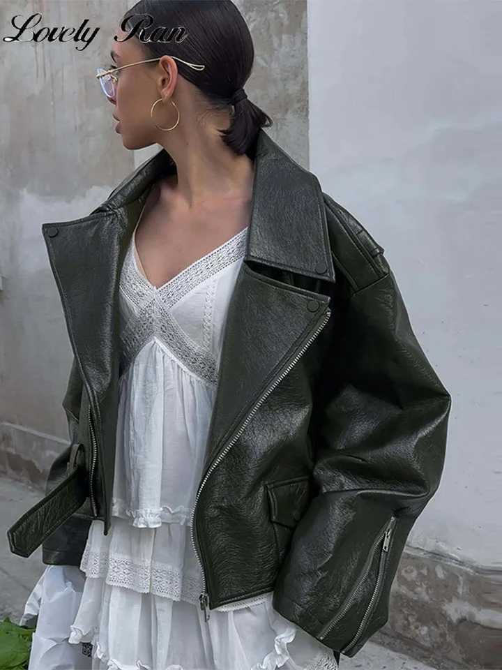 Locomotive Green Pu Leather Women Jacket Street Long Sleeve Lapel Pocket Belt Female Coat 2025 Autumn Winter Lady OutwearT251017