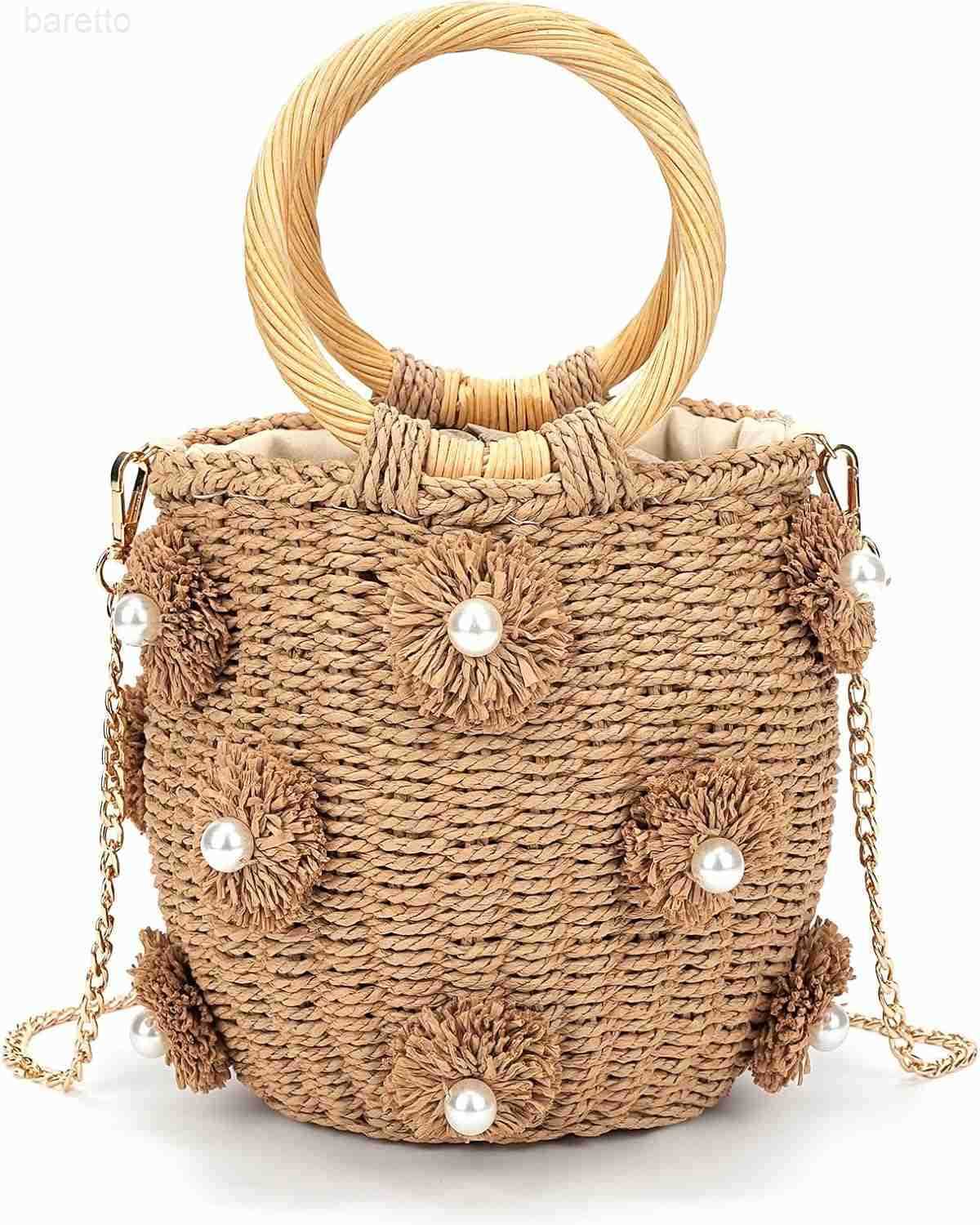 Straw Bucket Bag Flower Pearls Rattan Tote Bag Summer Beach Bag Woven Handbag Drawstring for Women Z251017