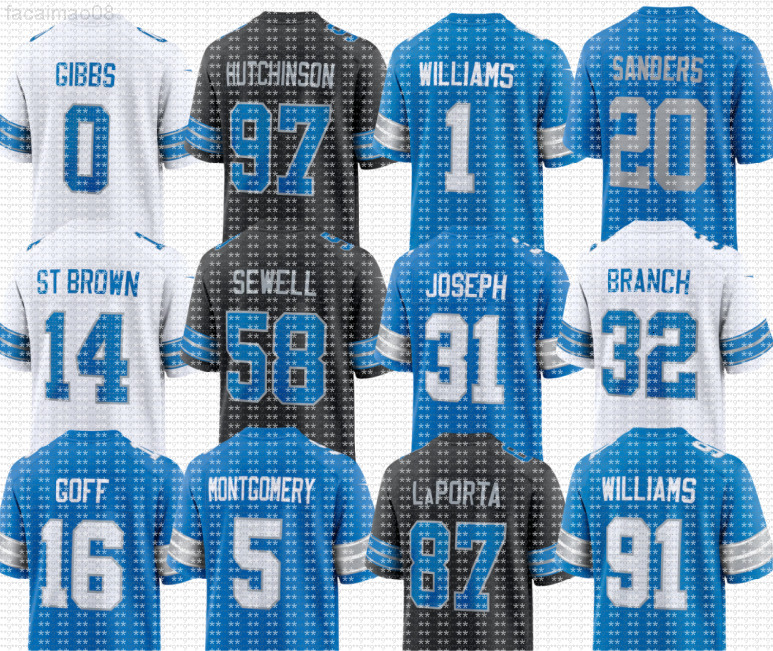 Lions Jersey Barry Sanders Calvin Johnson Aidan Amon-Ra St. Brown Brian Branch David Montgomery Jahmyr Gibbs Jameson Williams Jared Goff Penei Sewell Kerby Joseph