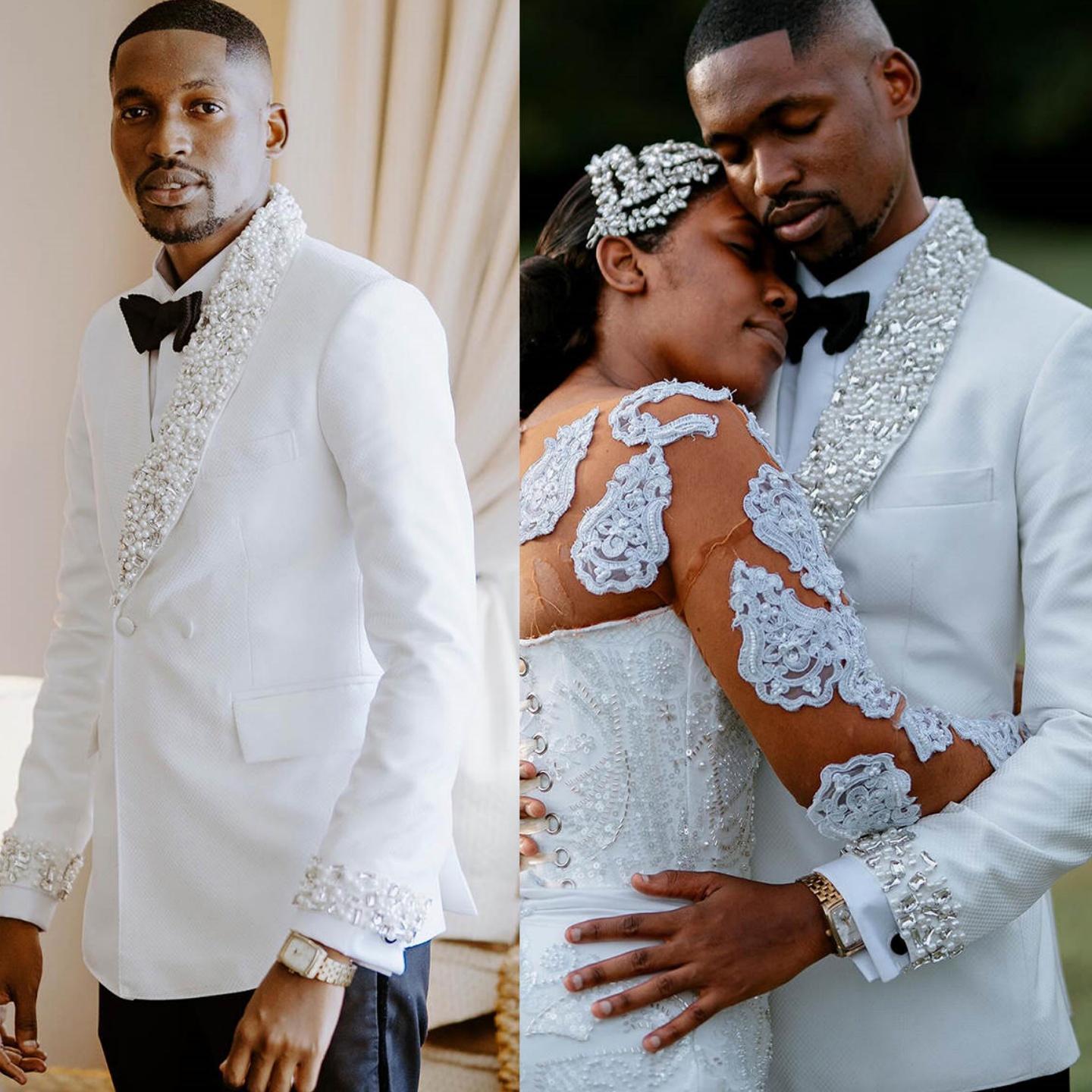 White Men Wedding Tuxedos 2 Pieces Big Pearls Beading Business Mens Pants Suits Guest Formal Wear