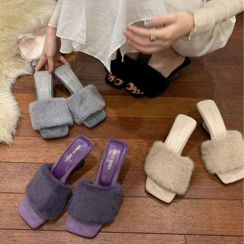 French Style Furry Wedge Designer Shoe - 2025 Autumn New Women's Slippers, Square Open-Toe & Warm for Outdoor Autumn Wear