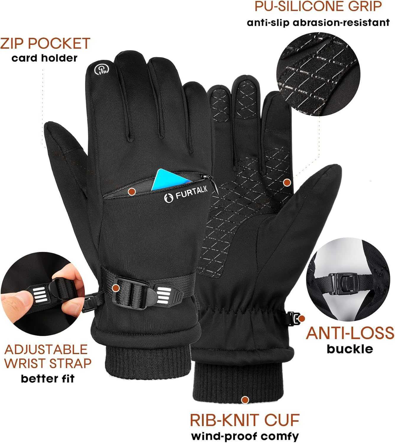 Winter Gloves for Men Women with Card Pocket Waterproof Windproof Cold Weather Touchscreen Warm Ski Snow Fleece Lined Z251017