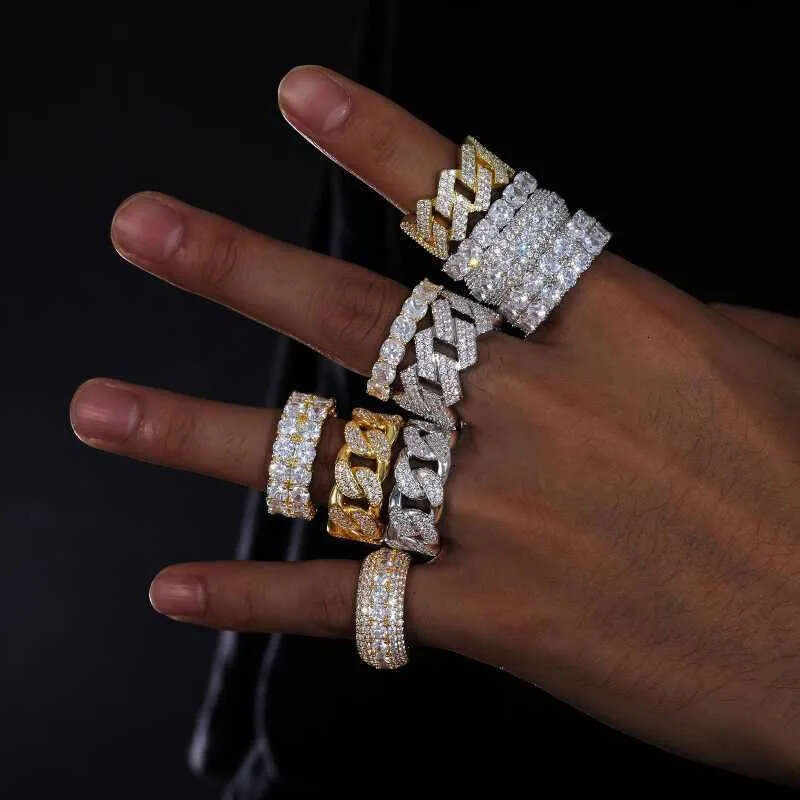 Fine Iced Out Hip Hop Cuban k Ring Gold Plated Sterg Sier Vvs Moissanite Dia Finger Band for Men