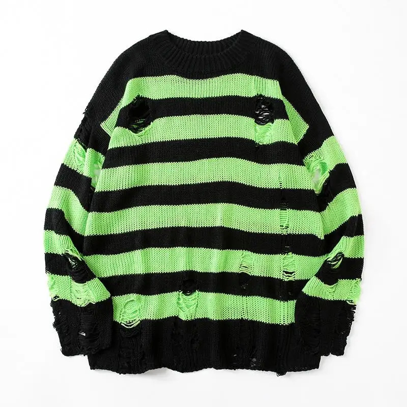 Black Stripe Sweaters Destroyed Ripped Sweater Men Pullover Hole Knit Jumpers Men Oversized Sweatshirt Harajuku Long Sleeve Tops 251017