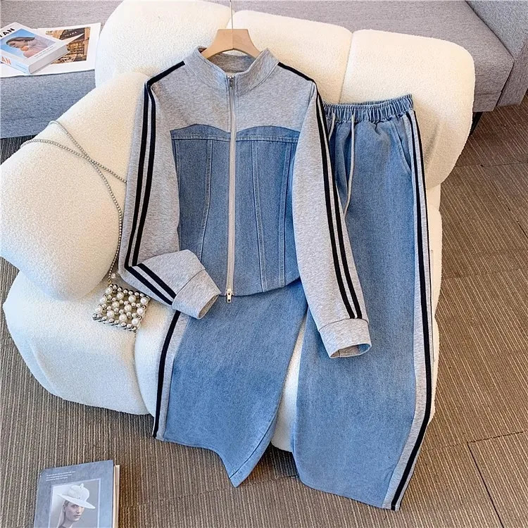 Pant Set Women Two Piece Sets Denim Splice Zipper Matching Sets Casual Coats Wide Leg Long Pants Lace Up Elastic Waist 2025251010