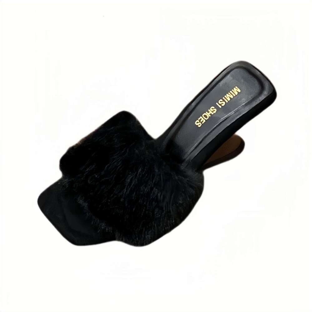 French Style Furry Wedge Designer Shoe - 2025 Autumn New Women's Slippers, Square Open-Toe & Warm for Outdoor Autumn Wear