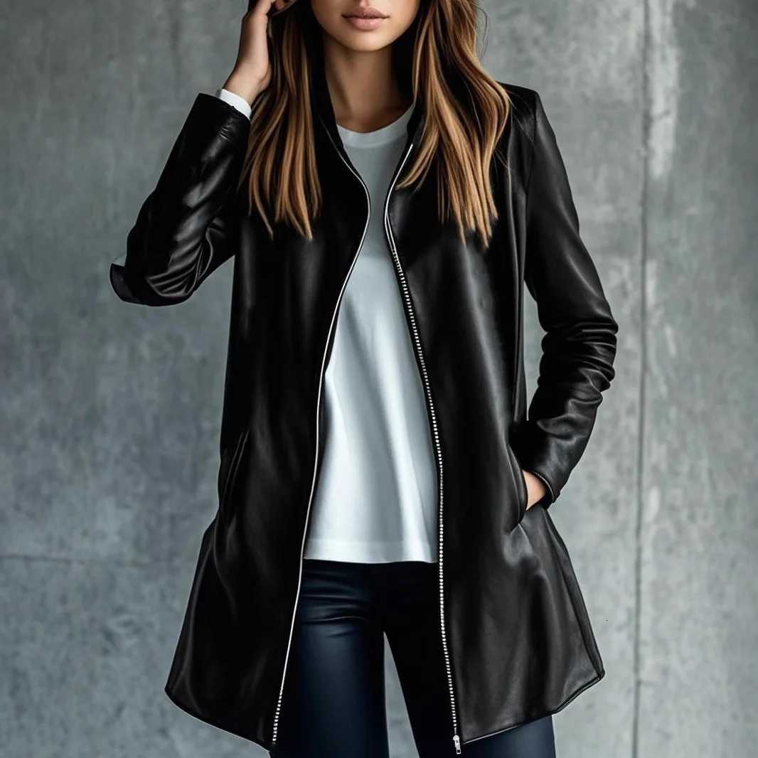 2025 Autumn Winter New Women Mid Length Faux Leather Jacket Office Lady Zipper Elegant Casual Warm CoatT251017