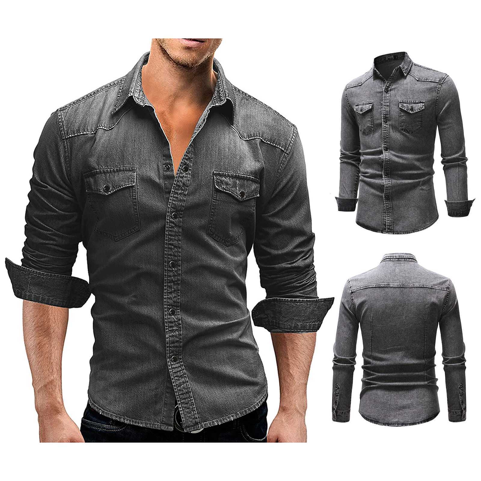 2024 Mens Spring Autumn Casual Shirts Solid Color Long Sleeve Lapel Denim Tops Button Shirts for Party J251017