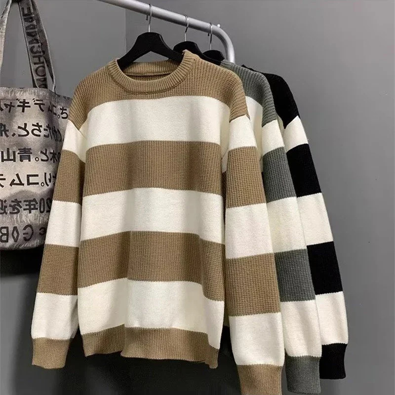 2025 Winter Mens Long Sleeve Striped Sweater Korean Fashion Pullover Knitted Sweaters Casual Crewneck Pullovers Y2K Streetwear 251017