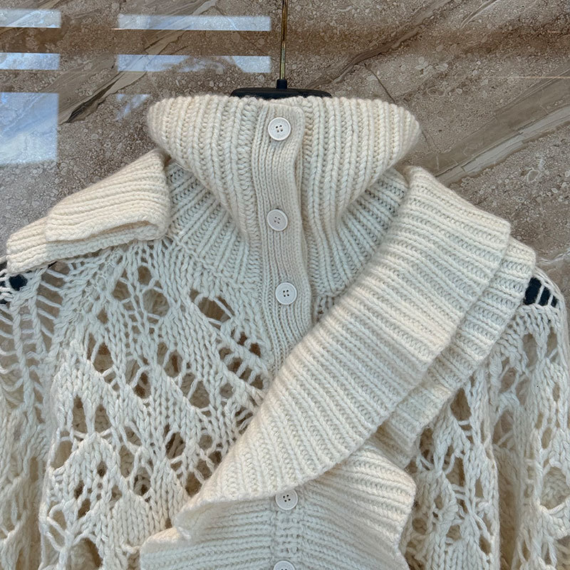 Luxury Women's Ruffle Neck Cashmere Blend Lace Knit Sweater Designer Beige Long Fit Turtle Neck Pullover Paris Fashion Detachable Collar Versatil