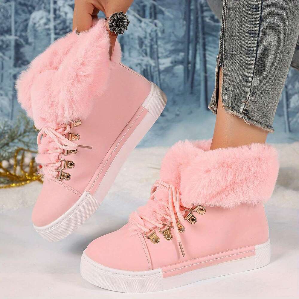 Women's Chunky PU Cover Upper With Faux Fur Thick Heel, Lace-Up Round Toe Ankle/Calf/Cuff Black, Pink, White, Brown, Grey, - TPR Sole Cold Weathe