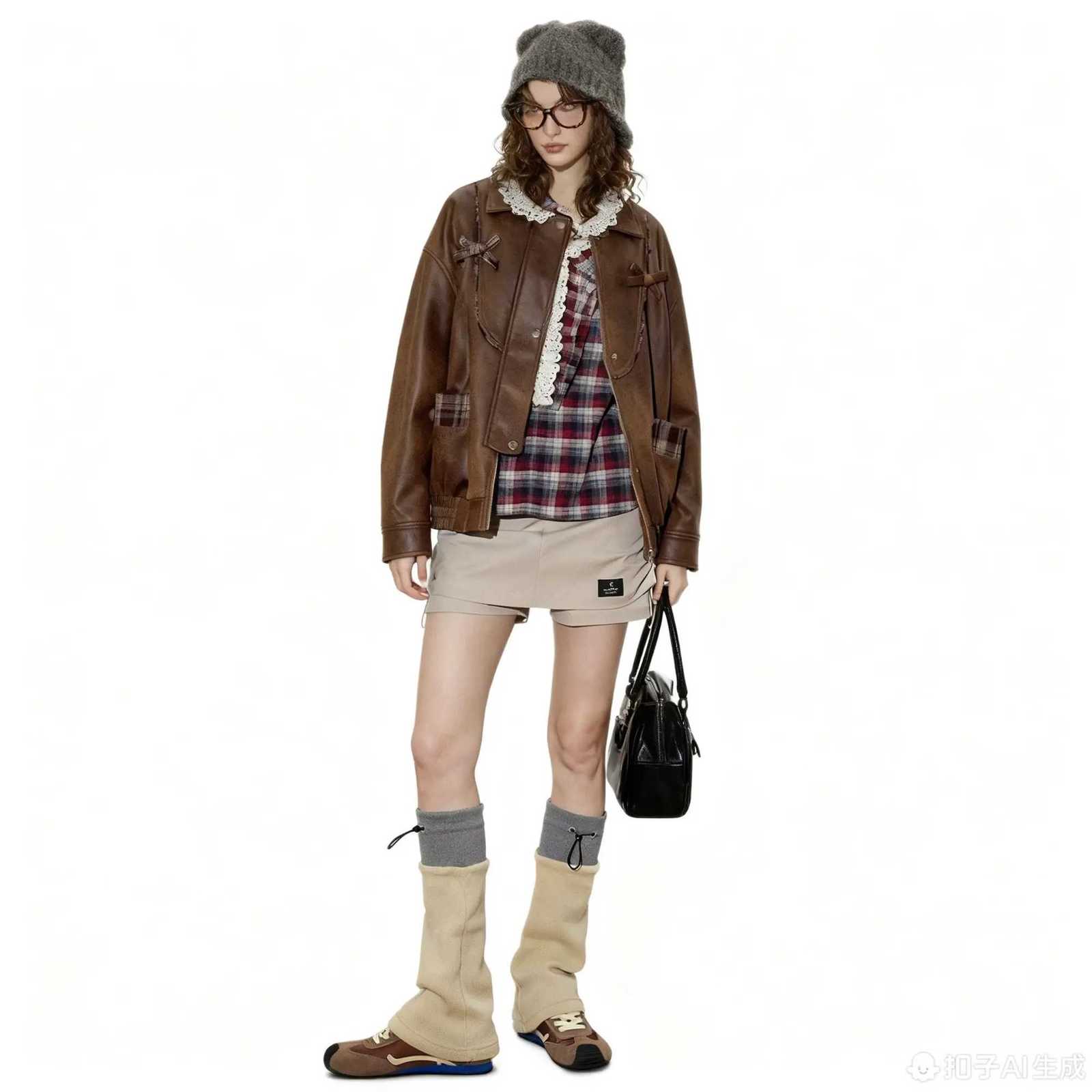 New Arrivals Womens Short Leather Jacket Vintage Y2K Style Loose Fit Plaid Patchwork Design Retro Oversized Autumn OuterwearT251017