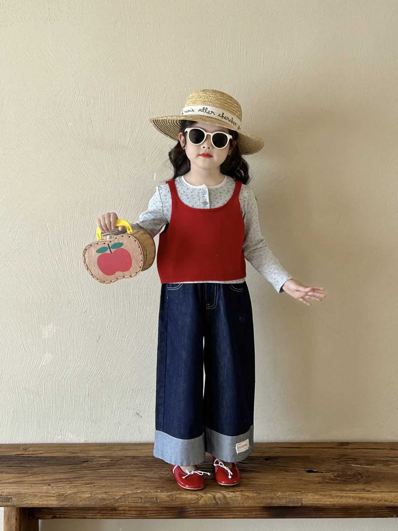 Children Denim Straight Leg Pants 2025 Spring Summer New Korean Girls Flip Up Pants Children Pants JeansT251017