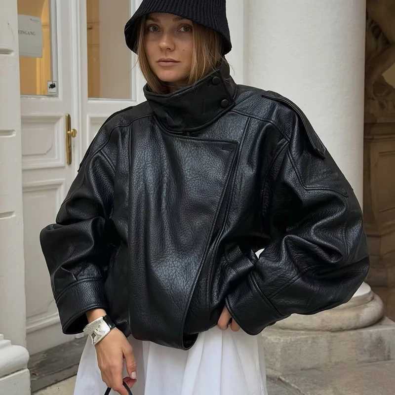 Womens Faux Leather Jacket 2025 New Fashion Autumn Black Long Sleeve Pebble Jacket Motorcycle Style Personality Ladies JacketT251017