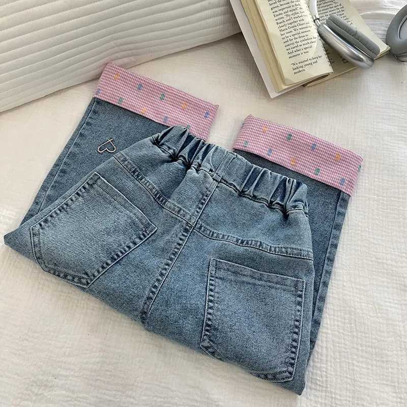 Kids Girls Pants Spring Autumn Korean Style Plaid Embroidery Loose Straight Wide Leg Denim Pants Childrens Casual Trouser A4389T251017