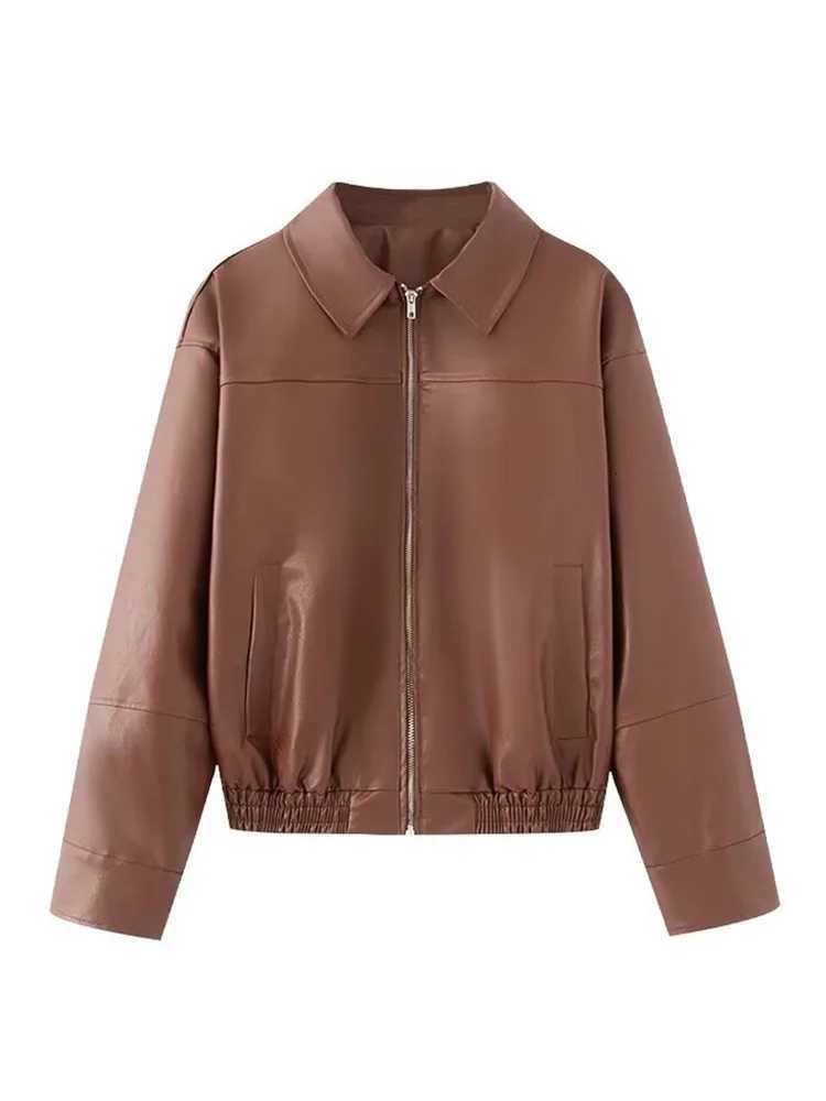 Vzvn Vintage Long Sleeve Lapel PU Leather Jacket Women Streetwear Solid Loose Zipper Coat 2025 New Autumn Winter Leather JacketT251017