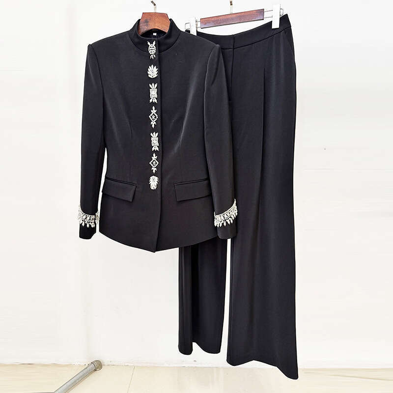 2025 Early Autumn New Celebrity Fashion Beaded Rhinestone Stand Collar Jacket Coat Long Pants Set