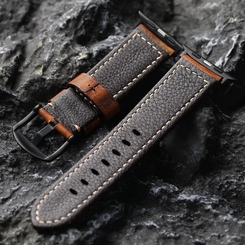 Handmade Holvin Cowhide Leather Strap for iWatch Genuine Leather Ultra2 49MM 44MM 42MM Brown Vintage Aged Watch Strap for 251016