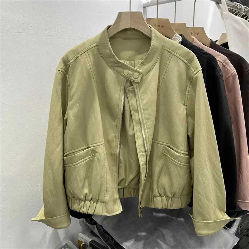 Leather Jacket Leather Womens Spring Clothes Standup Collar Loose Casual Black Motorcycle Washed PU Leather Jacket Coat TideT251017