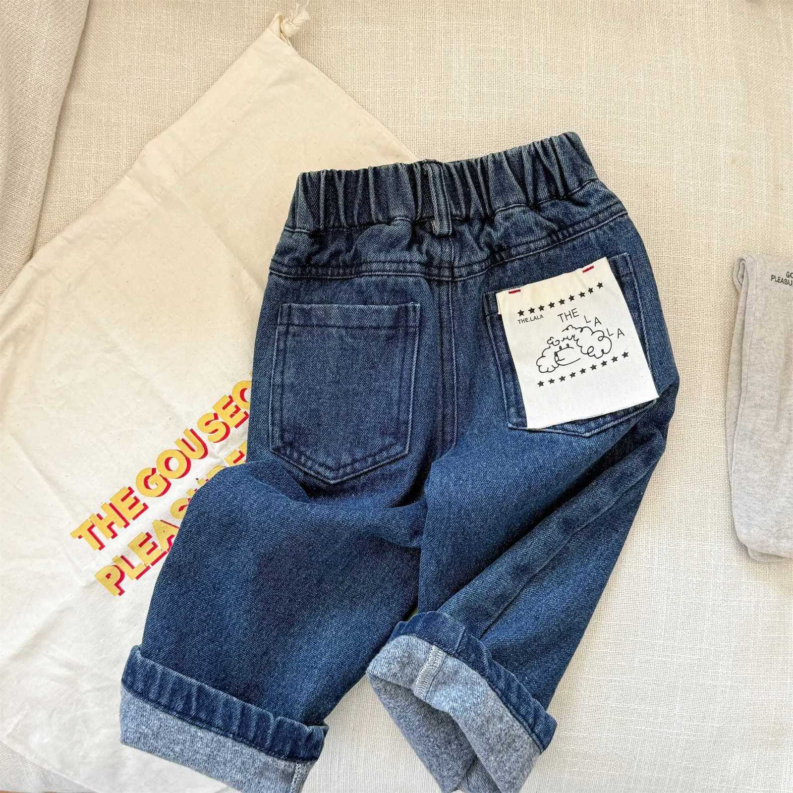 2025 Autumn New Girls Jeans Solid Children Casual Pants Baby Boys Denim Trousers Fashion Patch Toddler Harem Pants Kids ClothesT251017