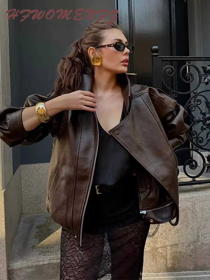 Pu Leather Solid Women Coat Full Sleeve Lapel Lady Jacket 2025 Autumn Winter Fashion Zippers Pocket Loose Chic Female OutwearT251017
