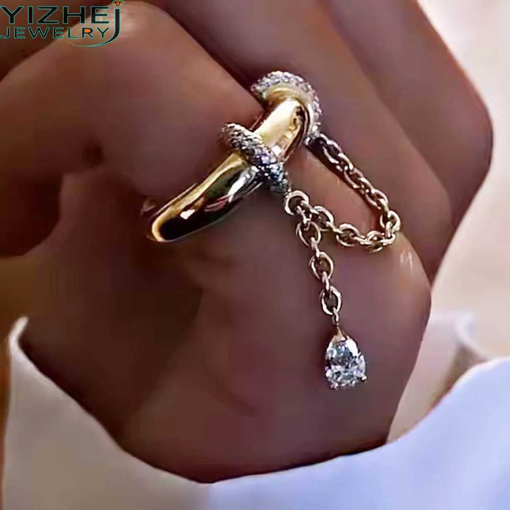 2025 New Gold Plated Tear Drop CZ Chain Dome Ring High Quality Cubic Zirconia Women Finger Jewelry Z251017