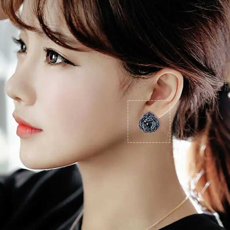 Luxurious Blue Rhinestone Rose Flower Vintage Earrings Women Red Camellia Ear Stud Earring Chic Jewelry WholesaleL251017