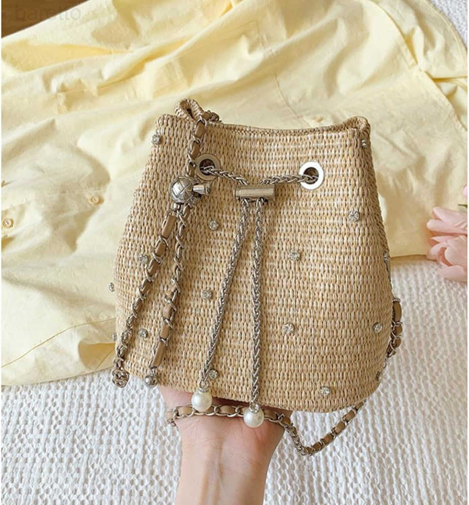 Straw Bucket Purse for Women Summer Vacation Crossbody Purses Beach Bag Beaded Rhinestone Handbag Z251017