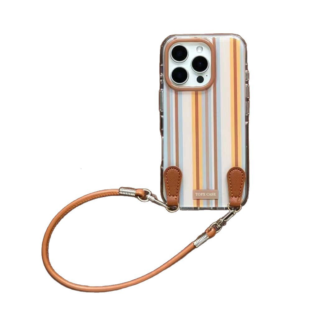Autumn Winter Color-Block Striped Compatible with iPhone 17 Leather Lanyard Pro Max Apple 16 Phone Case 15 Women 14