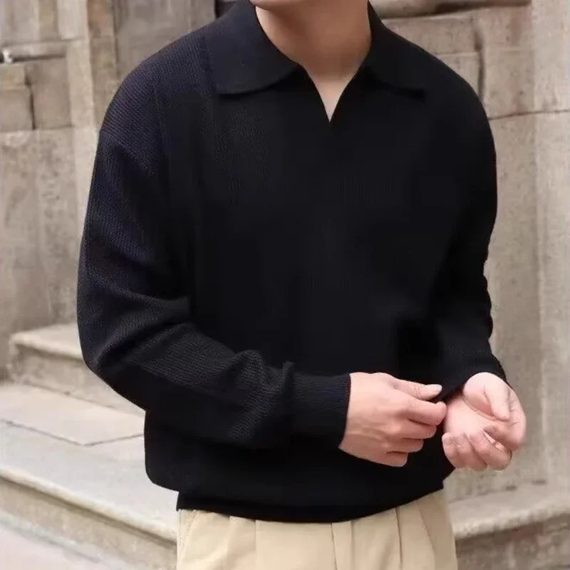 Korean Fashion Vneck Pullover Sweater Mens Casual Long Sleeve Knitted Polo Shirts Y2K Vintage Lapel Knitwear hombre 251017