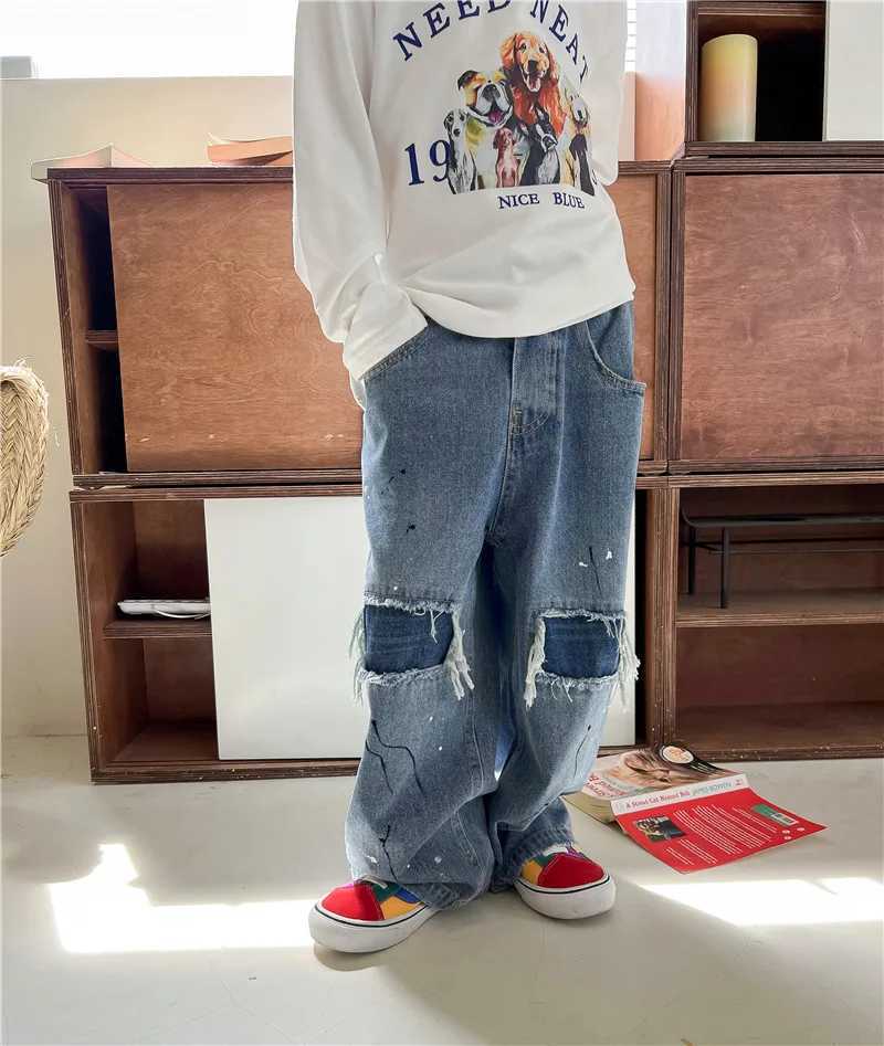 2025 New Spring Kids Pants Ripped Jeans Fashion Korean Simple Style Baggy Wide Leg CowboyT251017