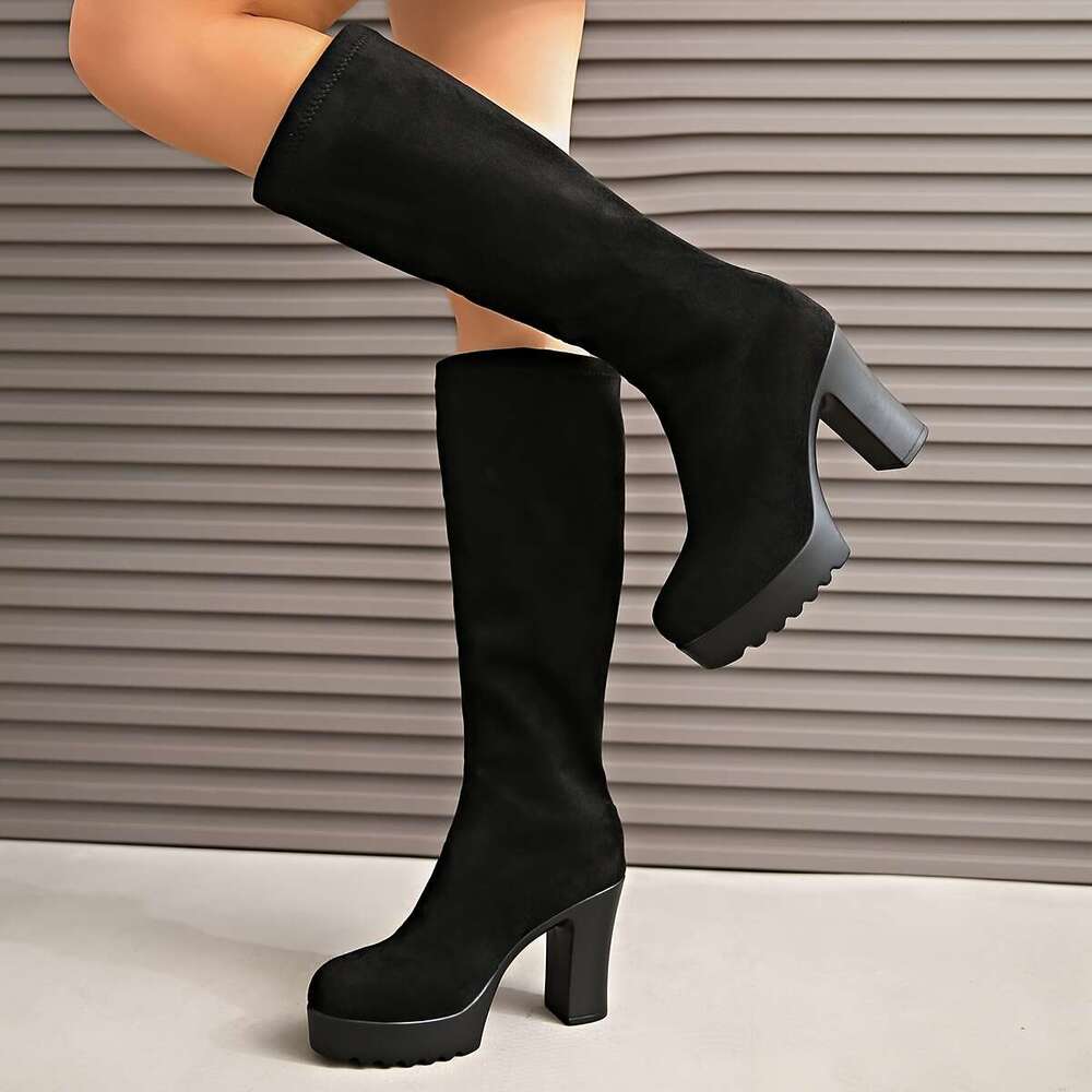 Women's Ultra-High Chunky Knee-High - Slip-On Elastic Ankle Boots With Round Toe Thick Platform Sole, Soft Fleece-Like Upper All-Season Comfort, 