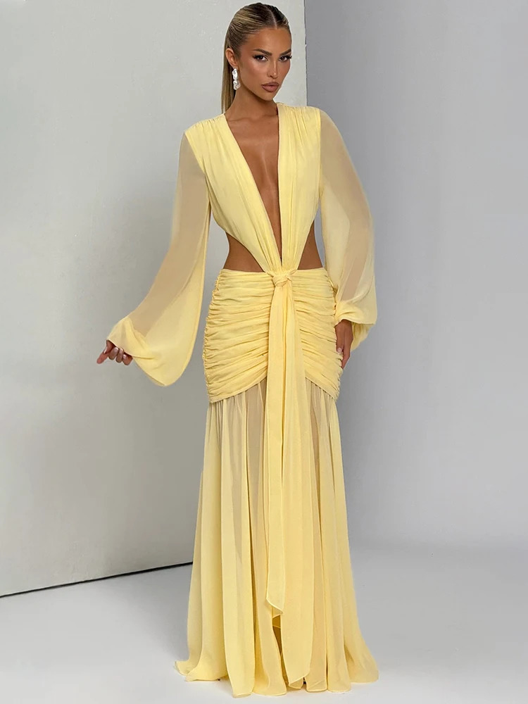 Mozision Deep V Neck Long Sleeve Sexy Maxi Dress Women Gown Fashion Hollow Out Backless Ruched Club Party Long Dress Elegant 251017