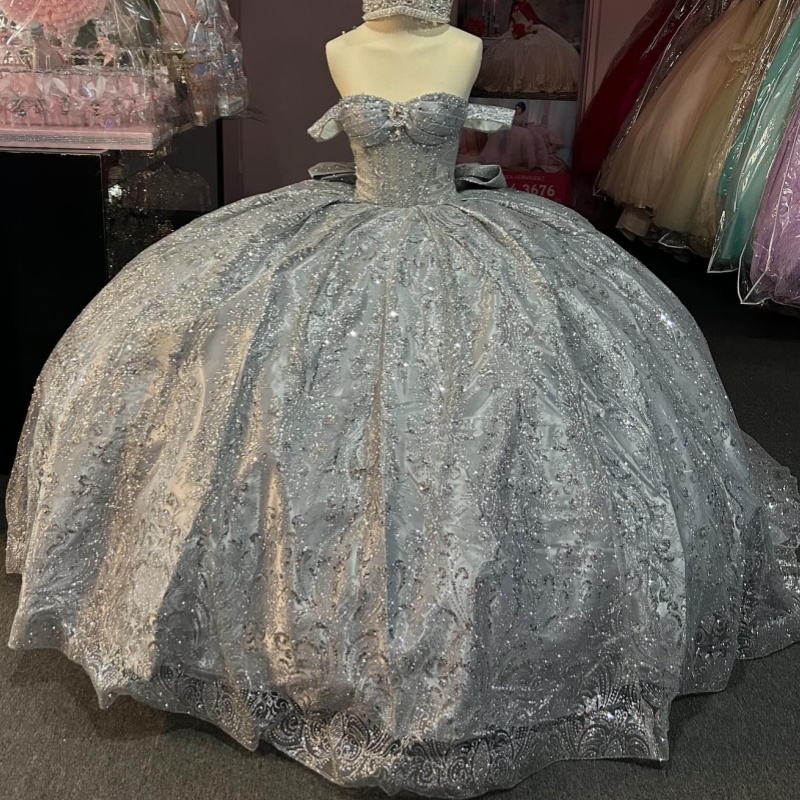 Silvery Shiny Quinceanera Dresses Off The Shoulder Sequin Applique Lace Beading Crystal Bow Tull Corset Party Birthday Sweet 16 Dres Vestidos 15 De An