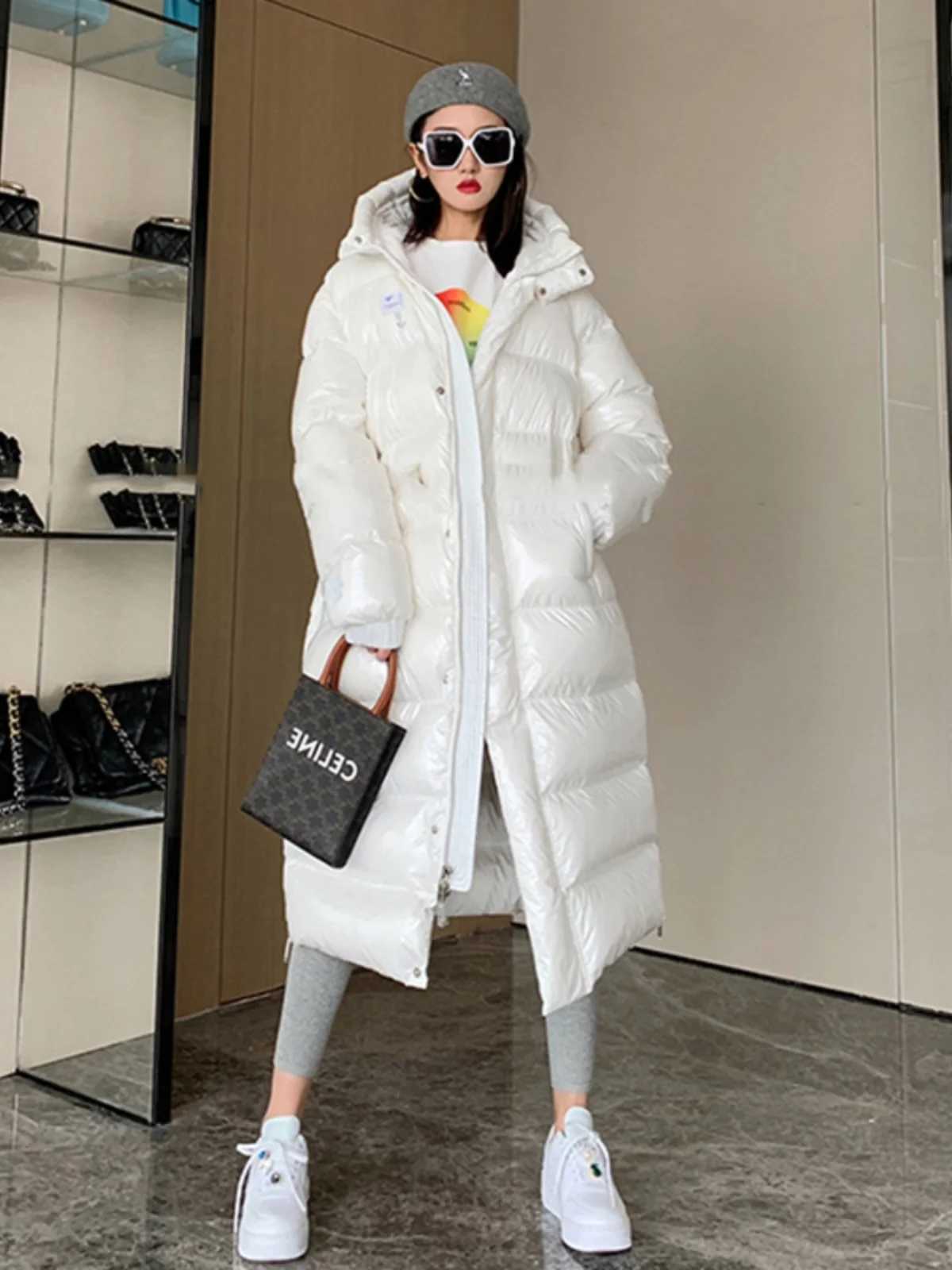 Womens Winter Hooded Glossy Long Sleeve Hooded Long White Duck Down Coat Lady Thick Warm Down Outwear W251016