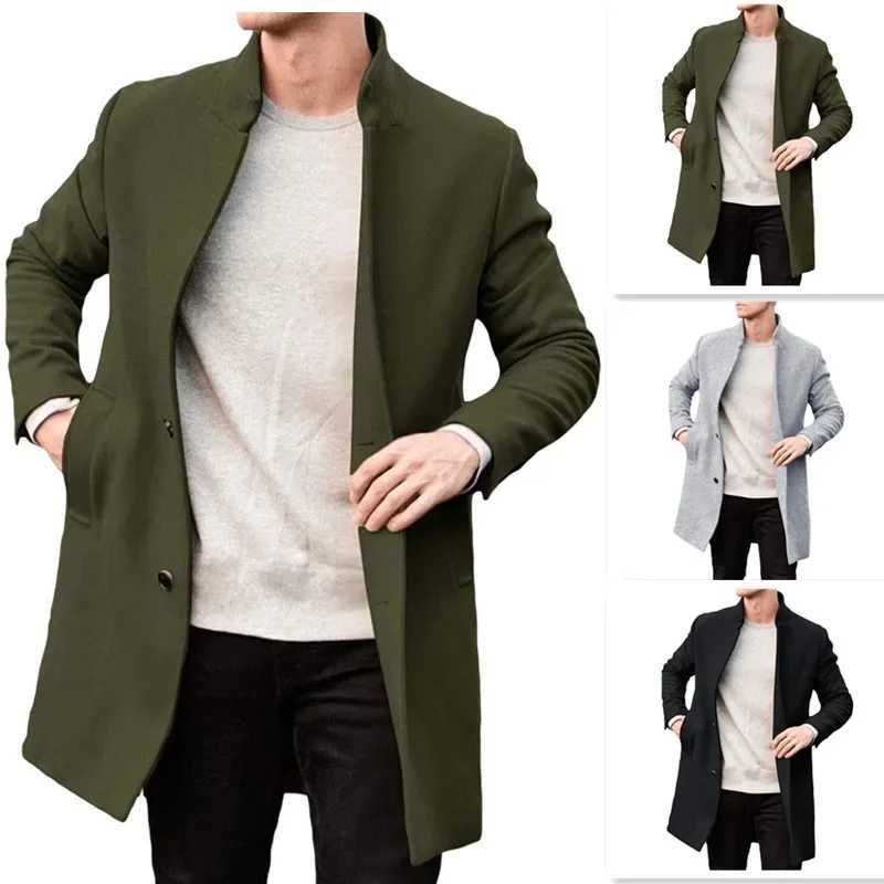 British Style Men Woolen Coat Stand Collar Singlebreasted Elegant Male Blazer Trench Coat Midlength Long Winter Warm Overcoat J251017