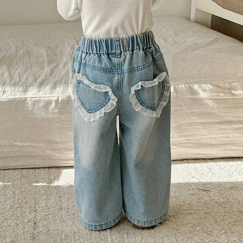 Girls Lace Straight Leg Jeans 2025 Spring Children Clothing Pants Children Korean Wide Leg Denim PantsT251017